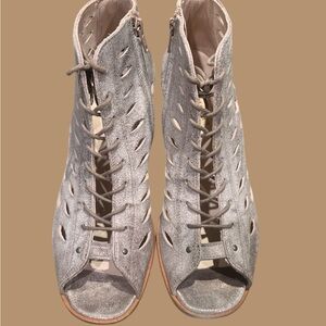 Paul Green Gray/metallic Lace-Up Peep-Toe Booties. Gently worn.